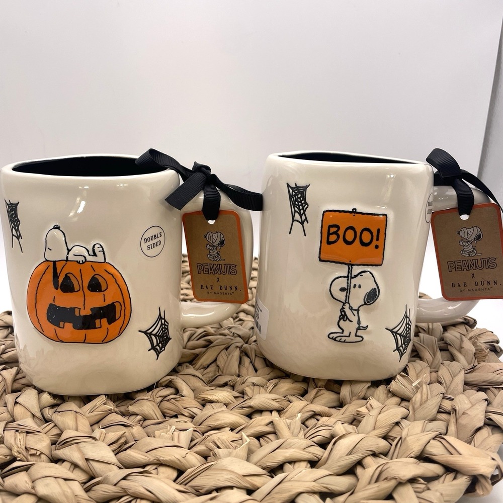 (2) Rae Dunn X Peanuts Snoopy Pumpkin‎ "Boo" "Spooky Season" Halloween Mug NEW